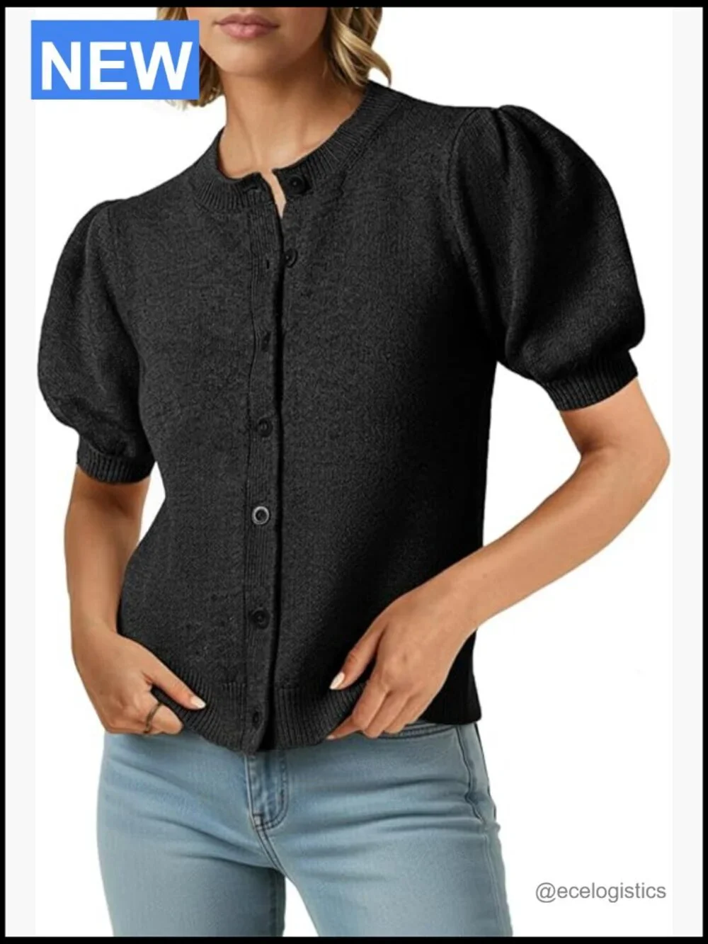 Puff Short Sleeve Cardigan Sweater Button Down Lightweight Knit Summer Top